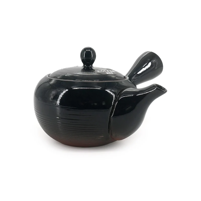 Japansk Kyusu fra Tokoname - Sort-Glaseret med Riflet Mønster – 340 ml