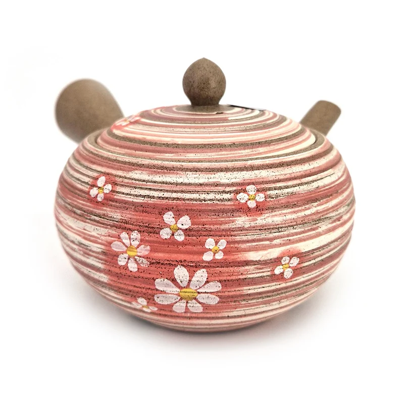 Japansk Kyusu fra Tokoname i Sandbrun Farve med Pink og Hvide Linjer - 375 ml