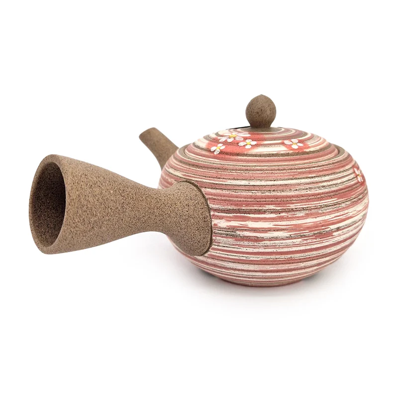 Japansk Kyusu fra Tokoname i Sandbrun Farve med Pink og Hvide Linjer - 375 ml