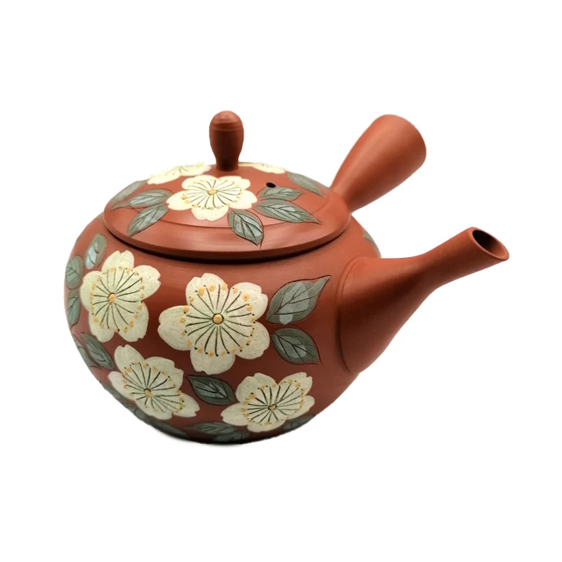 Japansk Kyusu Tekande fra Tokoname – Terracotta med Råhvide Blomster i Relief-Mønster, 220 ml