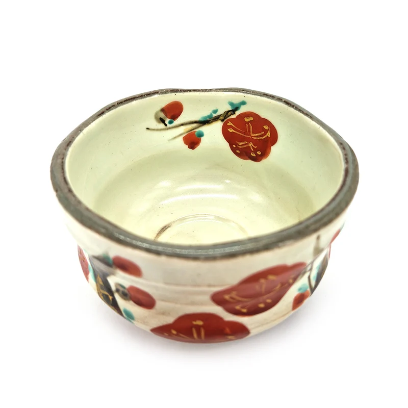 Japansk Matcha Skål - Rød Blommetræsblomst med Brun Kant
