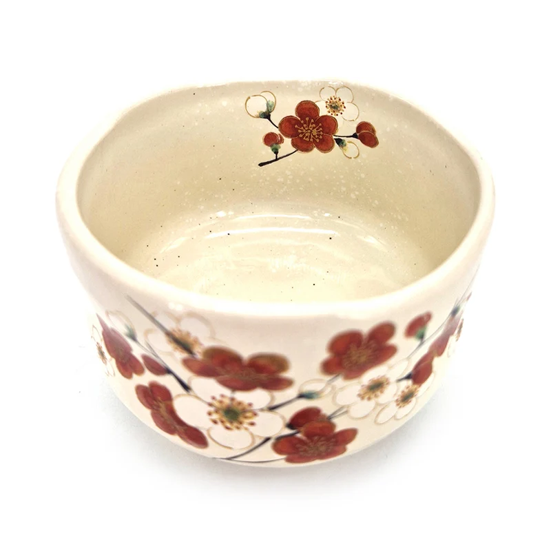 Japansk Matcha Skål i Keramik - Røde & Hvide Blomster