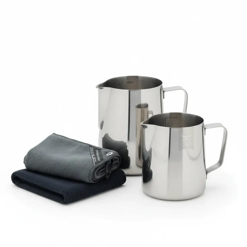 Barista Startpakke - 2 Mælkekander & 3 Baristahåndklæder