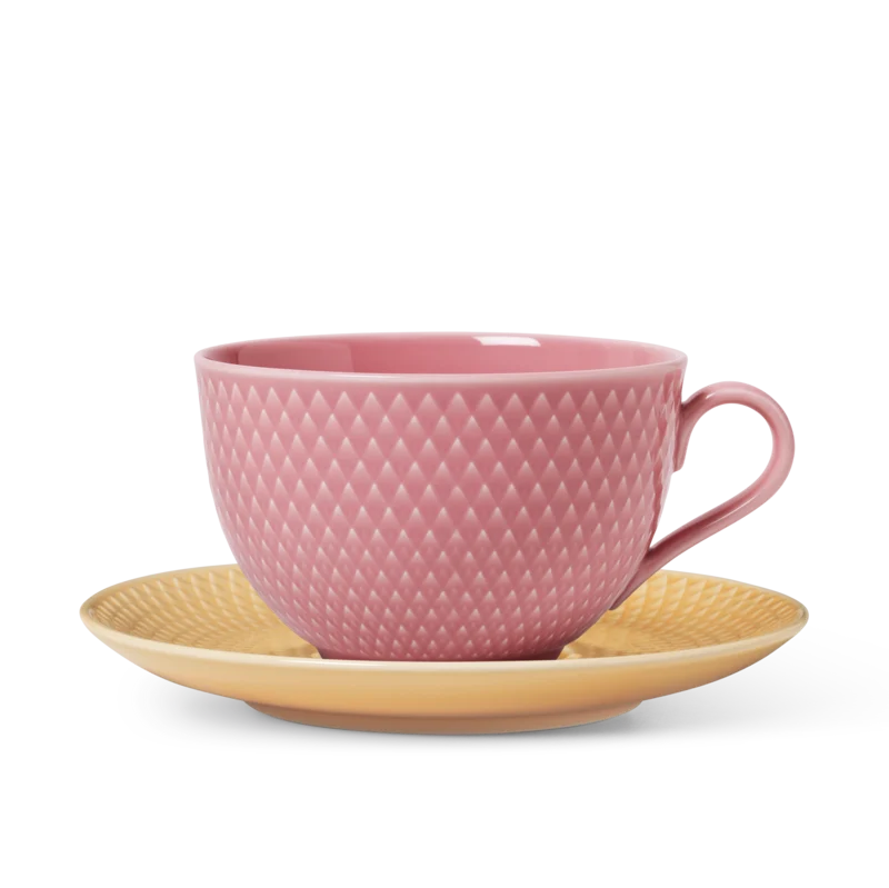 Lyngby Porcelæn Rhombe Color tekop med underkop - Rosa/sand 39 cl