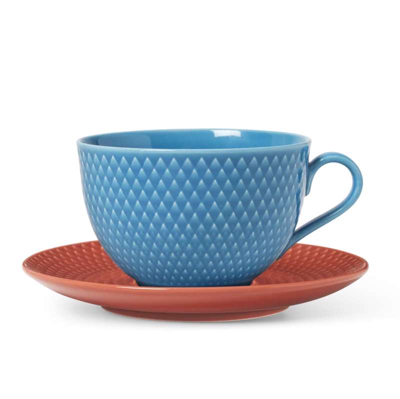 Lyngby Porcelæn Rhombe Color tekop med underkop - Blå/terracotta 39 cl