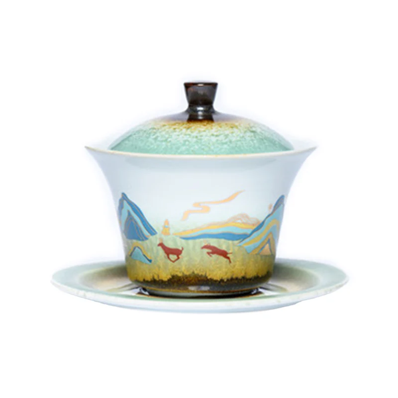 Japansk Gaiwan i Porcelæn - Hjortemotiv 120ml