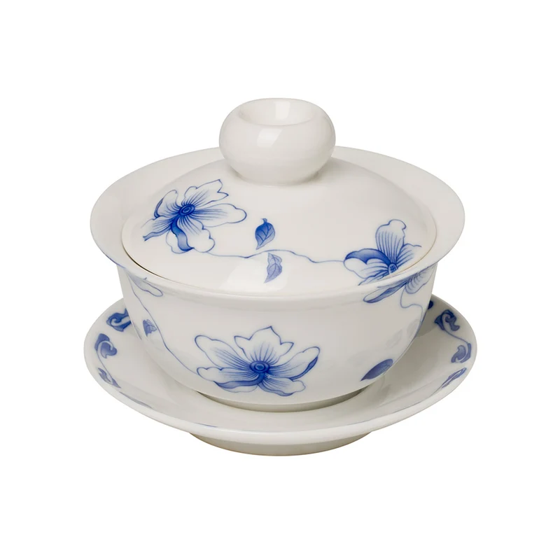 Gaiwan i Hvid Porcelæn med Blå Blomster 140 ml
