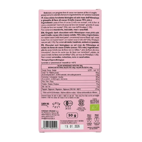 Cioccolato Fondente Bio 75% Sale Rosa dell'Himalaya 50g - Cacao Crudo