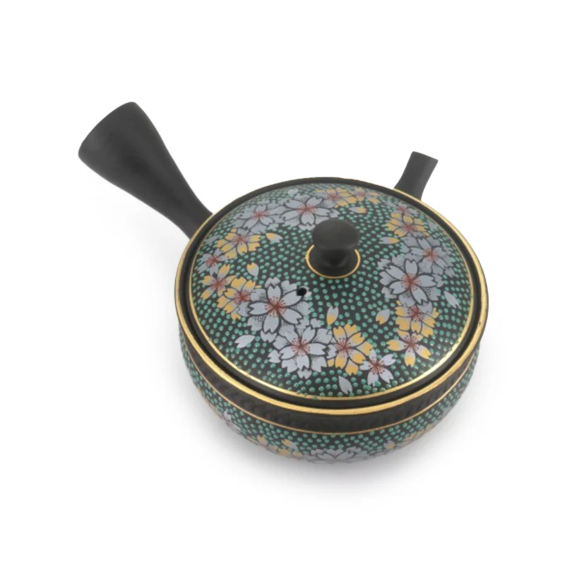 Japansk Kyusu fra Kutani med Pastel-Lilla Blomster og Turkise Prikker - 160 ml