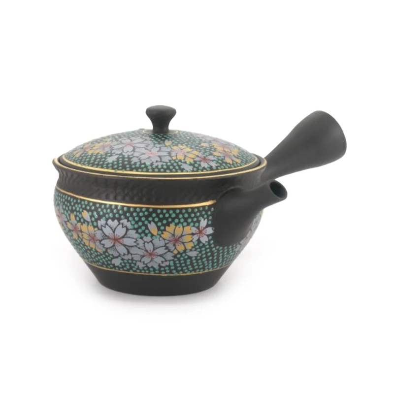 Japansk Kyusu fra Kutani med Pastel-Lilla Blomster og Turkise Prikker - 160 ml