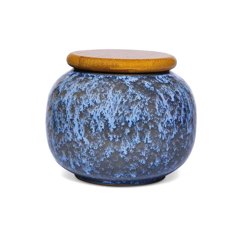 Tekrukke i Porcelæn med Bambuslåg, 280 ml - Lyseblå & Grå/Sort Glasering