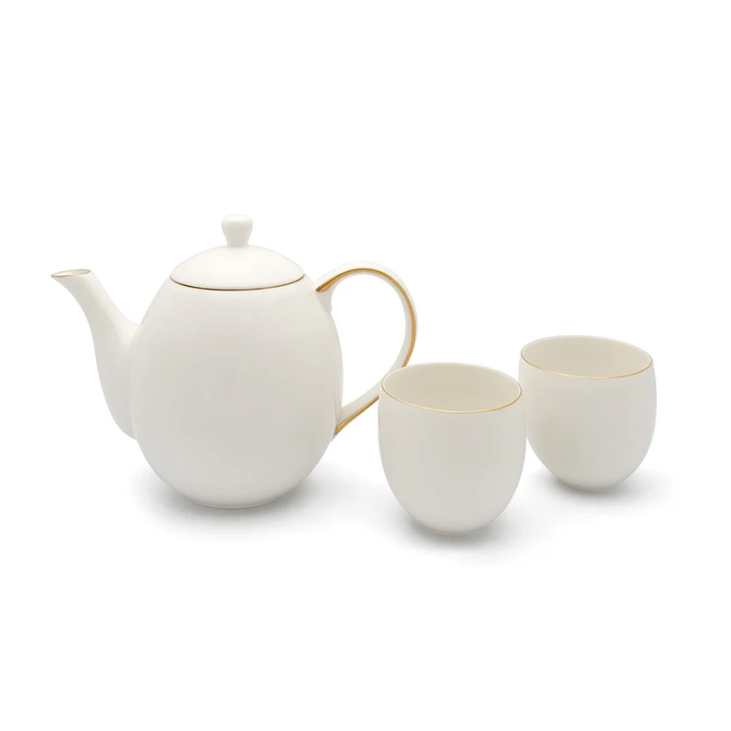 Tesæt - Porcelæn - Tekande 1,2 L + 2 Krus - Hvid med Gyldne Kanter