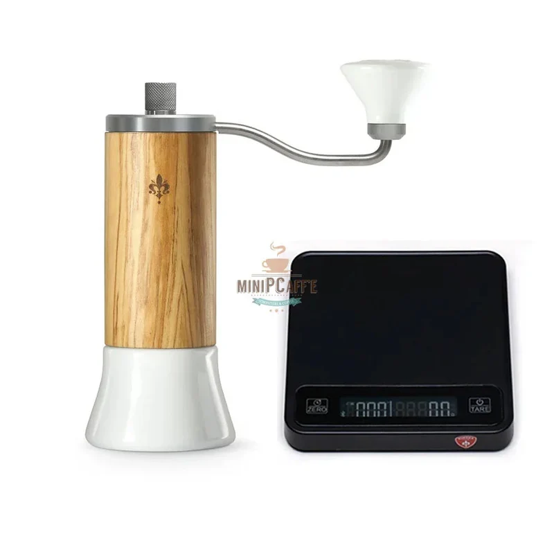 Eureka Baby Olive Wood Hand Grinder Set with Precisa Coffee Scale