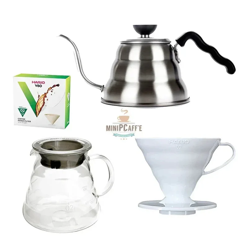 Hario V60 Pour Over Set 02 with Buono Kettle and Server White