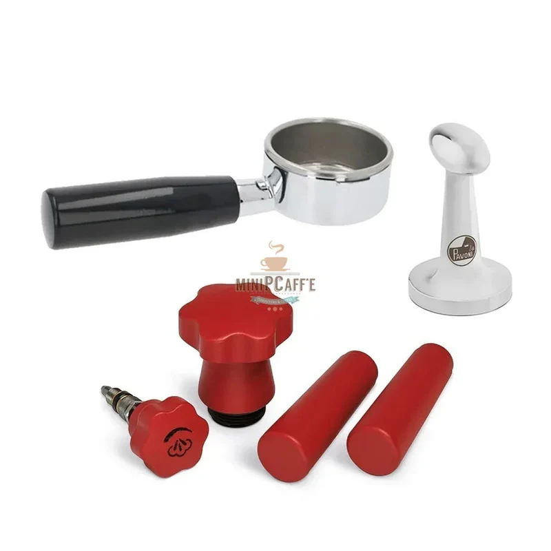 La Pavoni Red Wood Handle Set with Bottomless Portafilter and Tamper