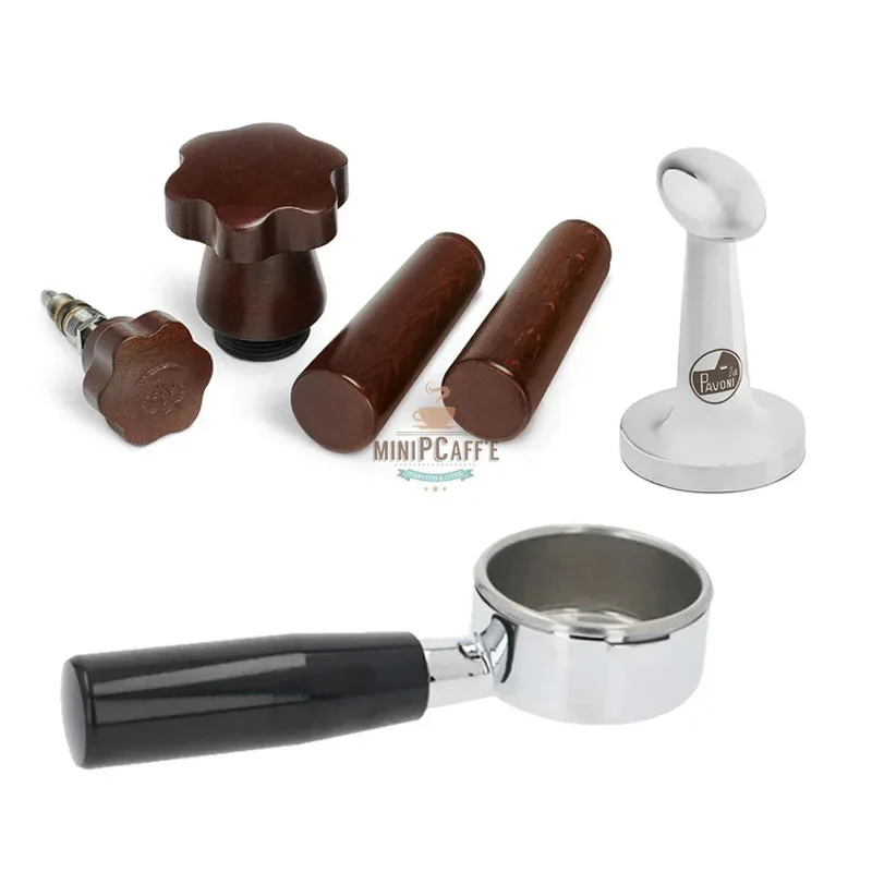 La Pavoni Brown Wood Handle Set with Bottomless Portafilter and Tamper