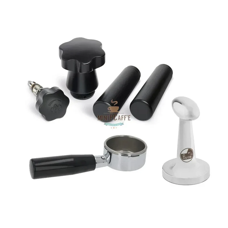 La Pavoni Black Wood Handle Set with Bottomless Portafilter and Tamper